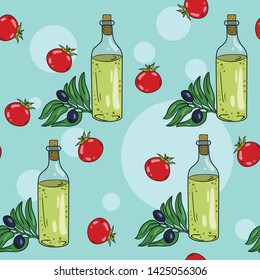 Seamless vector pattern with oil bottle, olives, cherry tomatoes and branch with leaves on green background. Wallpaper, fabric and textile design. Good for printing. Cute wrapping paper pattern.