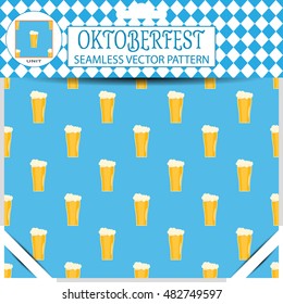 Seamless vector pattern of Oktoberfest with goblet of beer on the blue background in the package.