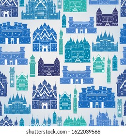Seamless vector pattern with old blue castles on a light background