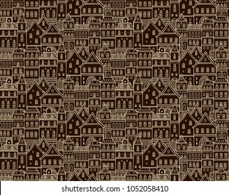 Seamless vector pattern with old european houses on dark coffee - brown background
