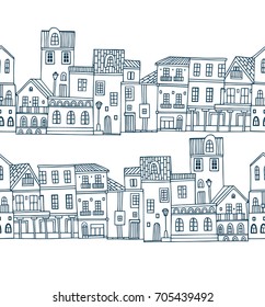 Seamless vector pattern with old houses on white background