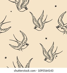 Seamless Vector Pattern. Old School Tattoo Swallows, fully editable.