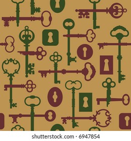 A seamless vector pattern of old-time skeleton keys in gold, olive and maroon.