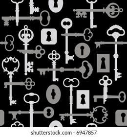 A seamless vector pattern of old-time skeleton keys in black and gray.