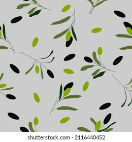 Seamless vector pattern with olive branches on grey background.