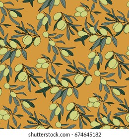 Seamless vector pattern with olive branches. Olives for textiles, olive oil, home utensils and other designs