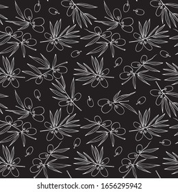 Seamless vector pattern of olive leaves and berries. White outline drawing of olive leaves and berries on a black background.For design and decoration of fabric, paper, Wallpaper and packaging.