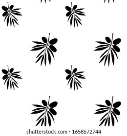 Seamless vector pattern of olive leaves and berries. Black silhouettes of leaves and berries on a white background.For design and decoration of fabric, paper, Wallpaper and packaging.