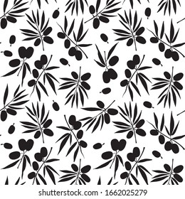 Seamless vector pattern of olive leaves and berries. Black silhouettes of leaves and berries on a white background.For design and decoration of fabric, paper, Wallpaper and packaging.