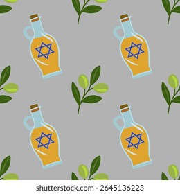 Seamless vector pattern of olive oil bottles with Star of David and olive branches, perfect for Hanukkah or Jewish holiday designs.