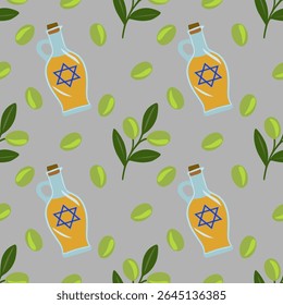 Padrão de vetor sem emenda de garrafas de azeite com Estrela de David, azeitonas e ramos de azeitona, ideal para Hanukah ou projetos com temática judaica.