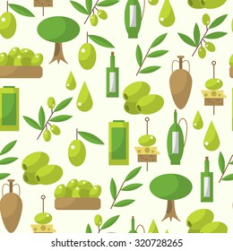 Seamless vector pattern with  olive oil, olive tree twigs, olive bottle isolated on white. Vintage olive background
