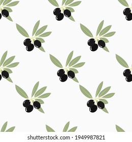 Seamless vector pattern with olive tree branch. On a white background.