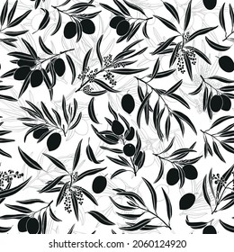 Seamless vector pattern of olive tree sprig, black silhouette on white with contour elements. Hand drawn vintage olive background for design packaging, textile, wallpaper