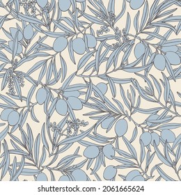 Seamless vector pattern of olive tree sprig. Hand drawn vintage blue olives on beige background for design packaging, textile, wallpaper