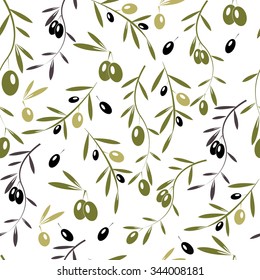 Seamless vector pattern with olive tree twigs. Olive label design