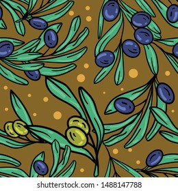 Seamless vector pattern with olives, green leaves and branch on brown background. Wallpaper, fabric and textile design. Cute wrapping paper pattern with olives. Good for printing.