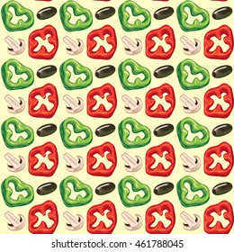 a seamless vector pattern with olives, mushrooms, green and red bell pepper