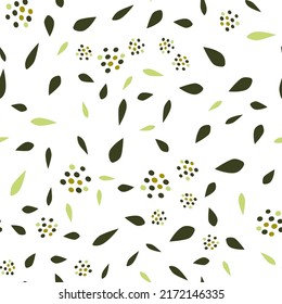 Seamless vector pattern with olives and olive leaves on a white background. Illustration for the label of olive oil, canned olives. Vegetable texture.