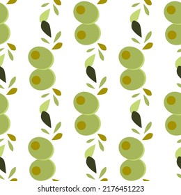 Seamless vector pattern with olives and olive leaves on a white background. Illustration for the label of olive oil, canned olives, olive product packaging. Vegetable texture