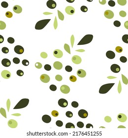 Seamless vector pattern with olives and olive leaves on a white background. Illustration for the label of olive oil, canned olives, olive product packaging. Vegetable texture