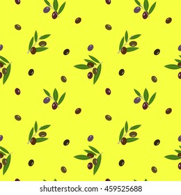 Seamless vector pattern with olives on yellow background.