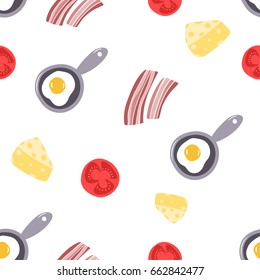 Seamless vector pattern of omlettem bacon and tomato