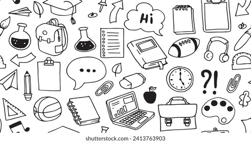 seamless vector pattern on the back to school theme. School supplies in doodle style