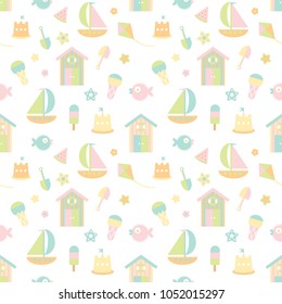 Seamless Vector Pattern On The Beach With Sand Castle, Beach House, Sail Boat, Balloon Fish, Ice Cream, And Star Fish On Transparent Background.