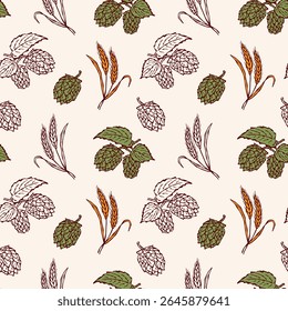 Seamless vector pattern on a beer theme. Features malt, wheat, and barley. Perfect for backgrounds, packaging, brewing labels, and festival designs