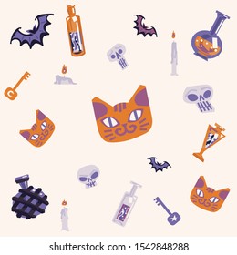 Seamless vector pattern on beige
background. Magical cats, bats, skulls, keys and potions