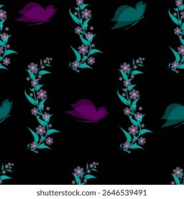 Seamless vector pattern on a black background. Floral background with colorful butterflies. Suitable for wallpaper, textile and packaging.