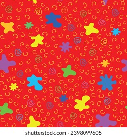 Seamless vector pattern on a bright red background with colorful spots and swirls, hand drawn for children's design. Bright confetti