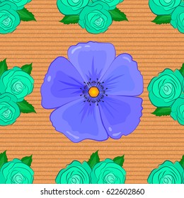 Seamless vector pattern on a brown background with cute cosmos flowers. Floral background.
