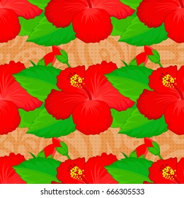 Seamless vector pattern on a brown background with cute hibiscus flowers. Floral background.