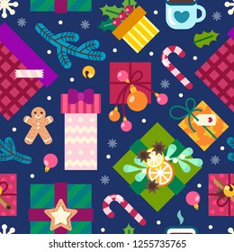 Seamless vector pattern on the Christmas theme. Gingerbread, decorations, branches, cocoa and gifts.