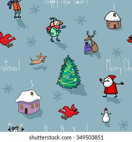 The seamless vector pattern on Christmas. Santa, tree, children,cardinals, dog and little house.