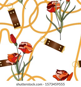 Сhain seamless vector pattern on dark background with fashion floral design.
Vintage gold jewelry of necklace and rustic ropes, tassels and belts with leaves and roses.
