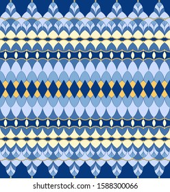 Seamless vector pattern on dark blue background. Indian colorful ornament with imitation lace in classic blue, dark blue and yellow colors. Stock vector or web, print, textile, wrapping and wallpaper.