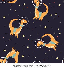 Seamless vector pattern on dark background. Cute dinosaurs flying in space, print for printing on children's products