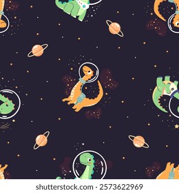 Seamless vector pattern on dark background. Cute dinosaurs flying in space, print for printing on children's products