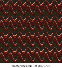 Padrão de vetor sem costura em um fundo marrom escuro de formas onduladas coloridas na forma de listras.