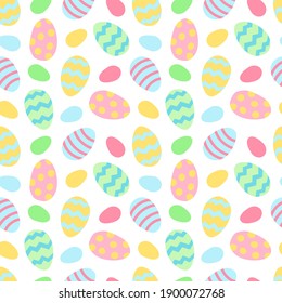 Seamless vector pattern on the Easter theme. Bright spring background. Digital ornament with colorful dyed eggs for wrapping paper, fabrics, web design, holiday decorations, postcards, etc.
