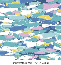 Seamless vector pattern on an ecological theme with plastic bottles in water. Repeating multi-colored Garbage floating in the sea, river or ocean. Nature protection concept