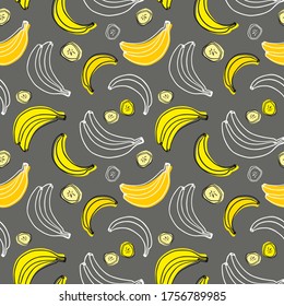 Seamless vector pattern on a gray background with juicy and bright bananas. Doodle fruits. For wallpaper, wrapping paper, textile, postcards, web page background, interior decor, menu. Cartoon design.