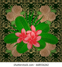 Seamless vector pattern on a green background with cute plumeria flowers. Floral background.