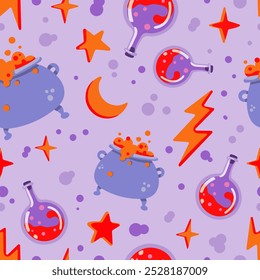 Padrão de vetor contínuo no tema de Halloween. Poção em caldeirões, frascos de poção, raios, lua, estrelas e bolhas em um fundo roxo. Estilo de desenho animado