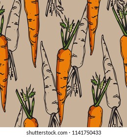 Seamless vector pattern on a light beige background. Food, orange carrots, vegetable. Vegetarian