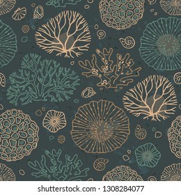 Seamless vector pattern on the marine theme with beautiful corals. Colorful background for the design and decoration of fabrics, wallpapers, home textiles, packaging and surfaces.