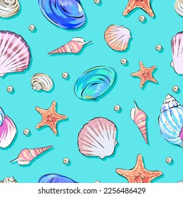 seamless vector pattern on the marine theme. Sea, ocean, shells